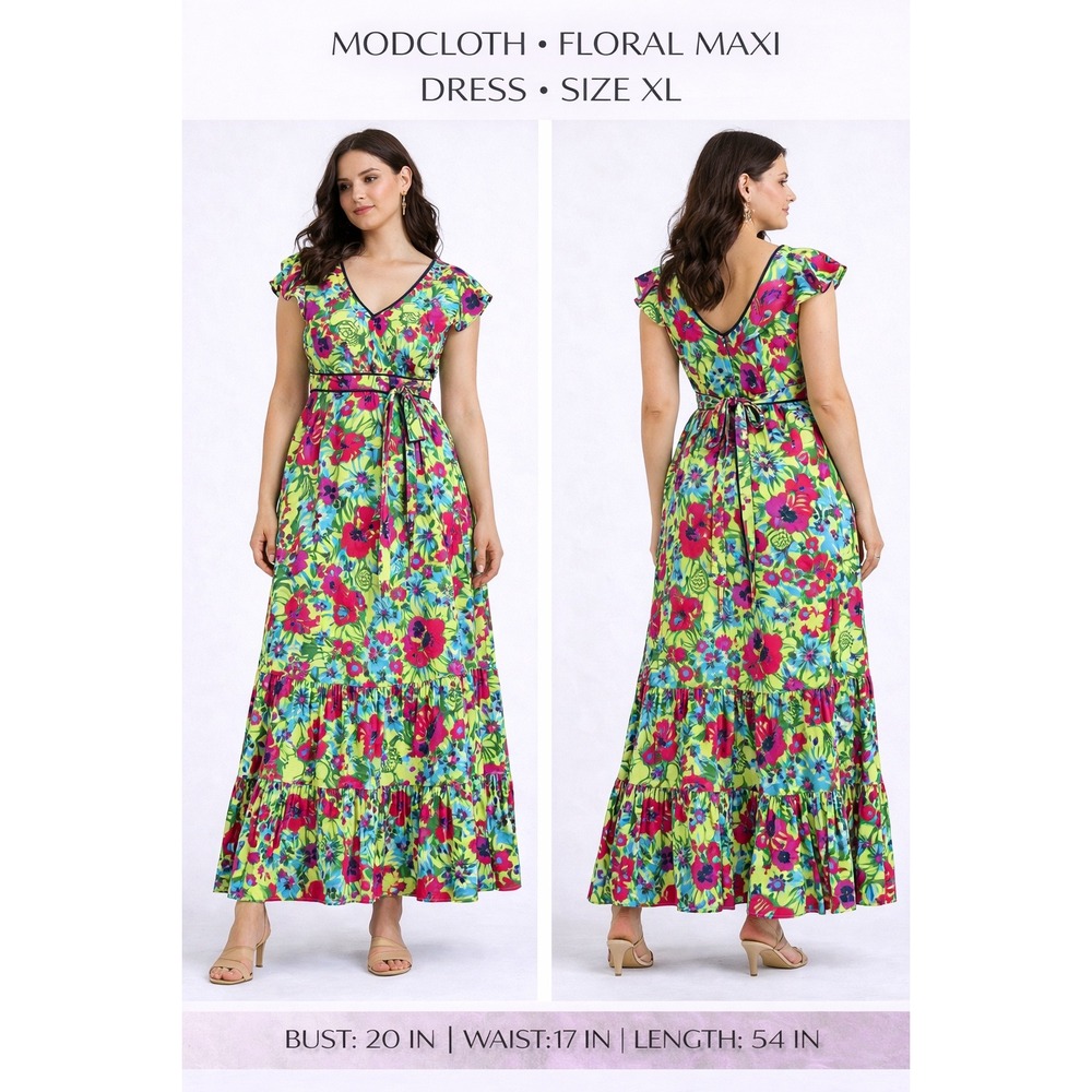 ModCloth Floral Maxi Dress XL Multicolor V-Neck Flutter Sleeve Tiered Boho